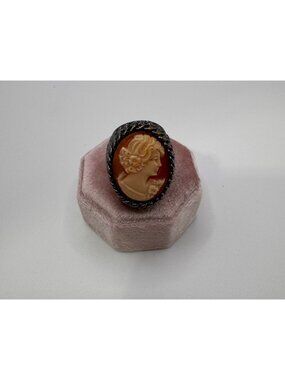 Signed Amedeo Cameo Ring Hand Carved Shell Coral Gunmetal Setting Size 7